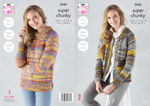 King Cole Super Chunky Knitting Pattern - Ladies Sweater & Cardigan (5636)