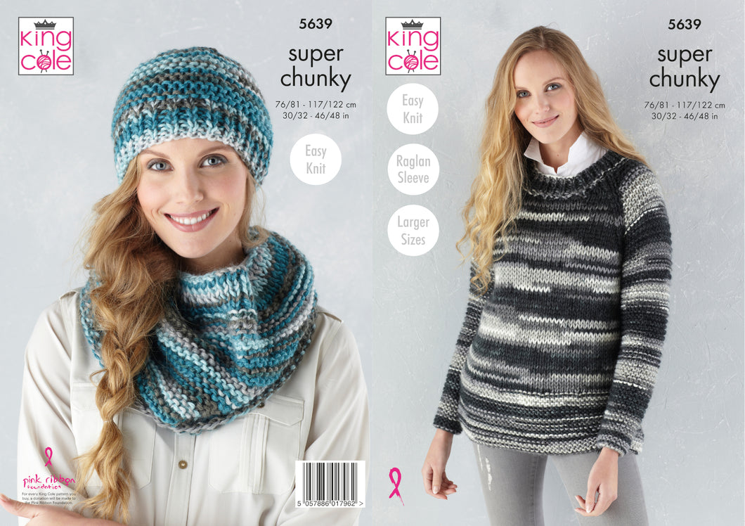 King Cole Super Chunky Knitting Pattern - Ladies Sweater Cowl & Hat (5639)