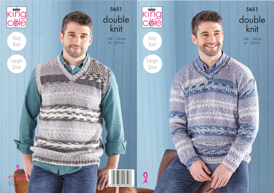 King Cole Double Knit Knitting Pattern - Mens Sweater & Tank Top (5651)