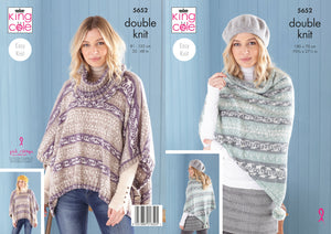 King Cole Double Knit Knitting Pattern - Ladies Poncho Snood & Shawl (5652)