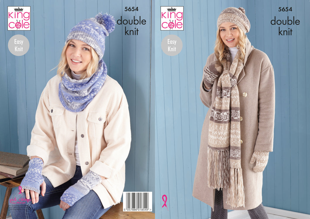 King Cole Double Knit Knitting Pattern - Ladies Winter Accessories (5654)