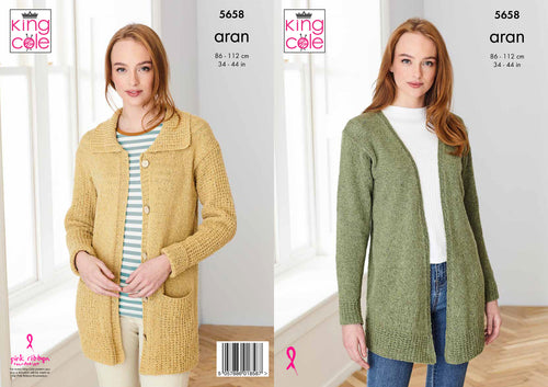King Cole Aran Knitting Pattern - Ladies Cardigans (5658)