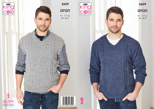 King Cole Aran Knitting Pattern - Mens Sweater & Slipover (5659)