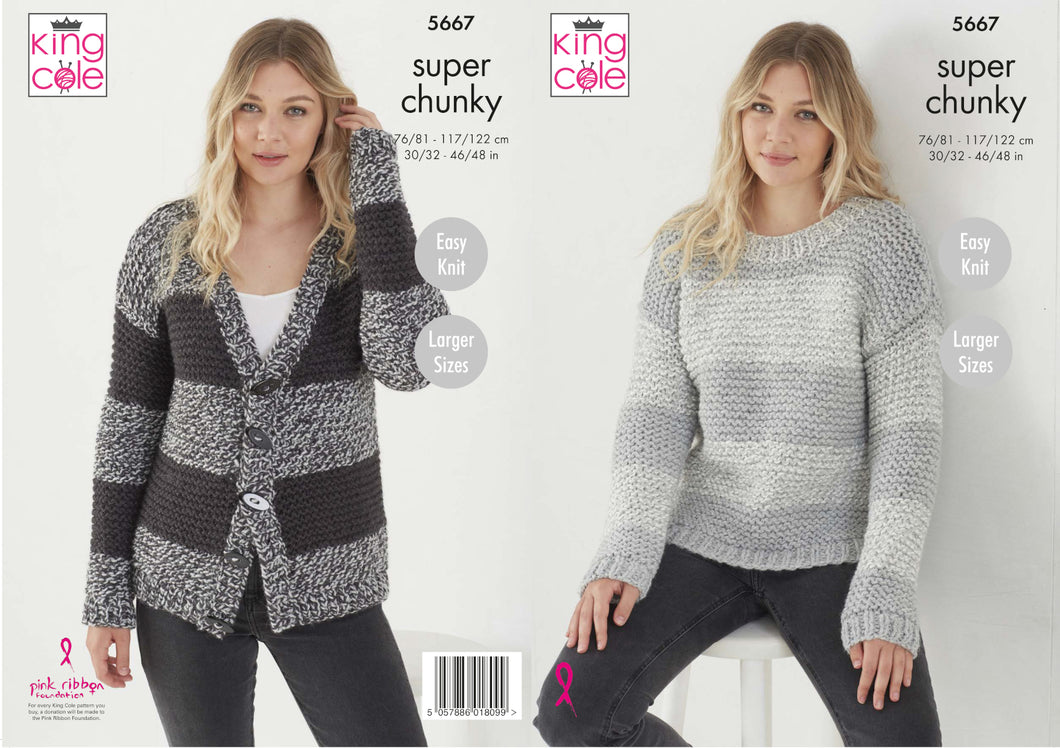 King Cole Super Chunky Knitting Pattern - Ladies Sweater & Cardigan (5667)