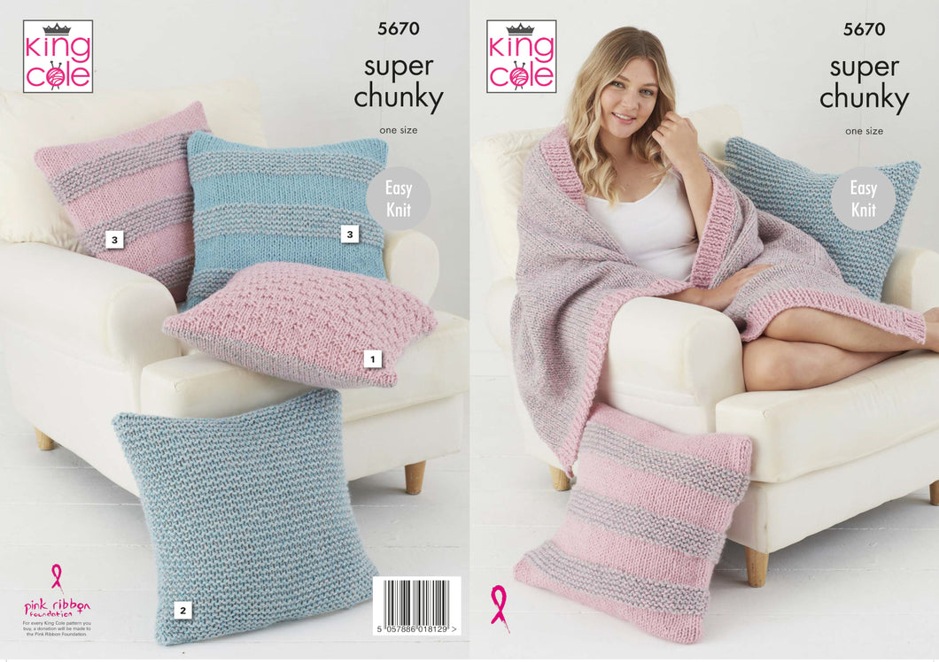 King Cole Super Chunky Knitting Pattern - Throw & Cushion Covers (5670)