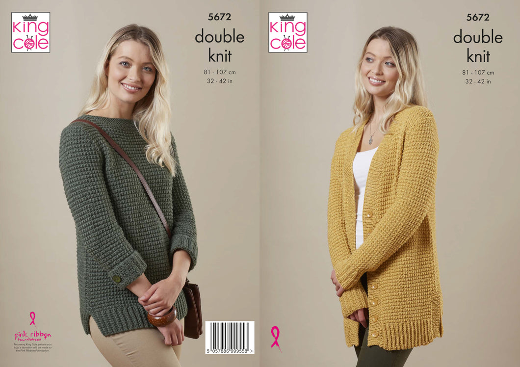 King Cole Double Knit Knitting Pattern - Ladies Sweater & Cardigan (5672)