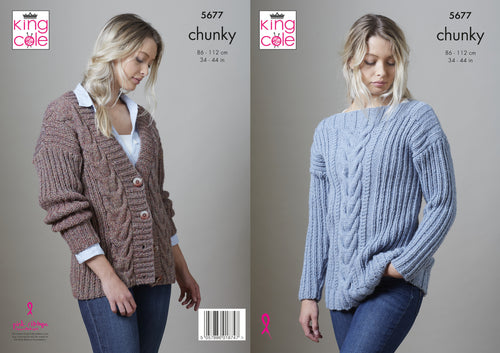 King Cole Chunky Knitting Pattern - Ladies Sweater & Cardigan (5677)