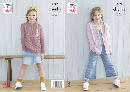 King Cole Chunky Knitting Pattern - Girls Sweater & Cardigan (5679)