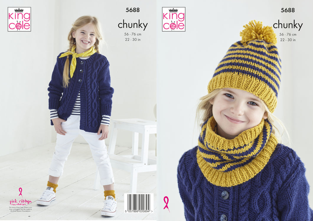 King Cole Chunky Knitting Pattern - Girls Cardigan Snood & Hat (5688)