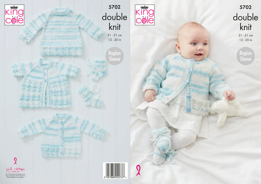 King Cole Double Knitting Pattern - Baby Cardigan Matinee Coat & Sweater (5702)