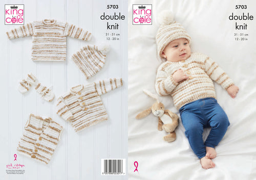 King Cole Double Knitting Pattern - Baby Sweaters Waistcoat & Mittens (5703)