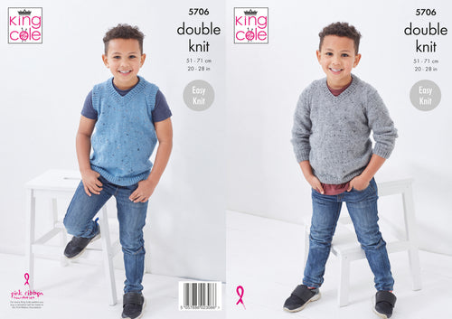 King Cole Double Knit Knitting Pattern - Boys Sweater & Slipover (5706)