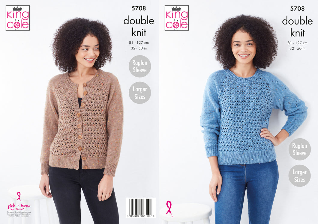King Cole Double Knit Knitting Pattern - Ladies Cardigan & Sweater (5708)
