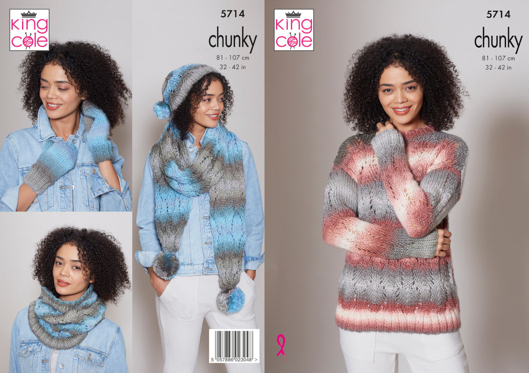 King Cole Chunky Knitting Pattern - Ladies Sweater & Accessories (5714)