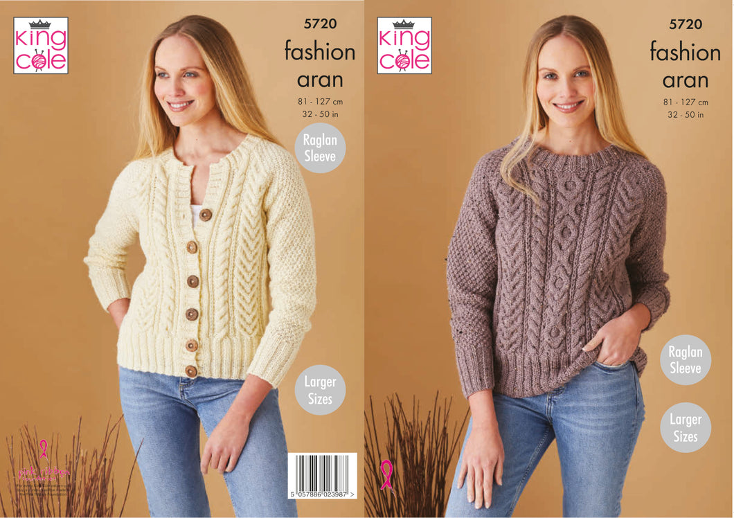 King Cole Aran Knitting Pattern - Ladies Sweater & Cardigan (5720)