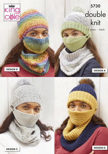 King Cole DK Knitting Pattern - Face Coverings Hats & Cowls (5730)
