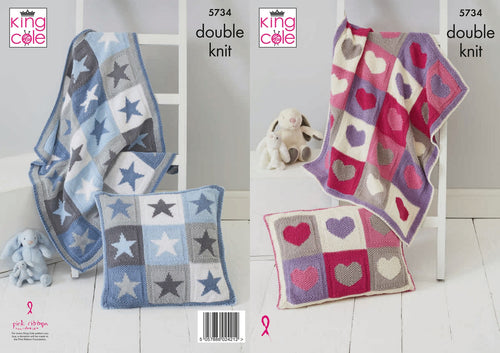 King Cole DK Knitting Pattern - Hearts or Stars Blanket & Cushion Cover (5734)