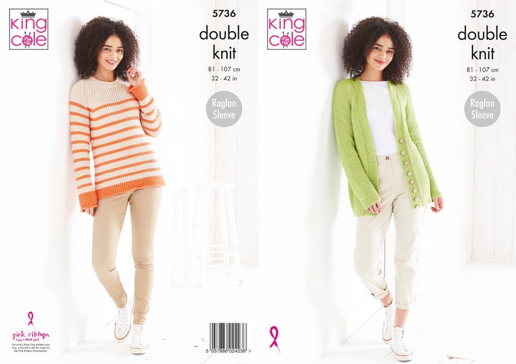 King Cole Double Knitting Pattern - Ladies Sweater & Cardigan (5736)