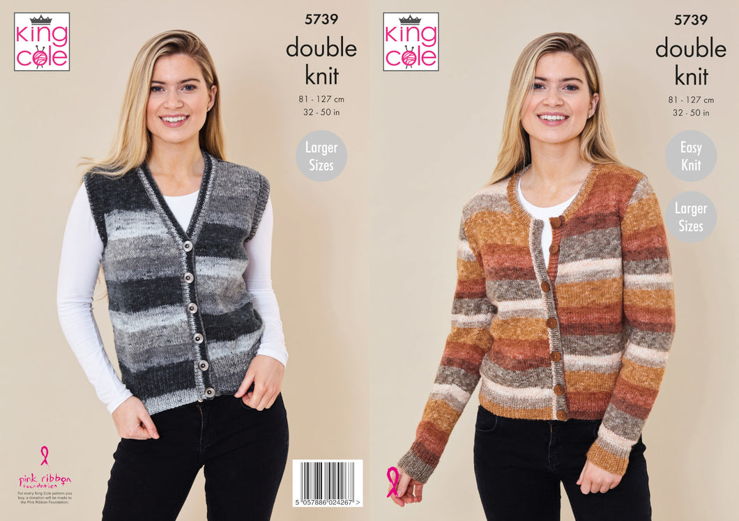 King Cole Double Knit Knitting Pattern - Ladies Cardigan & Waistcoat (5739)