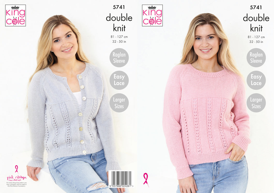 King Cole Double Knit Knitting Pattern - Ladies Sweater & Cardigan (5741)
