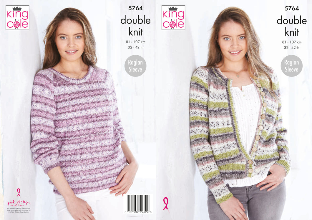 King Cole Double Knit Knitting Pattern - Ladies Sweater & Cardigan (5764)