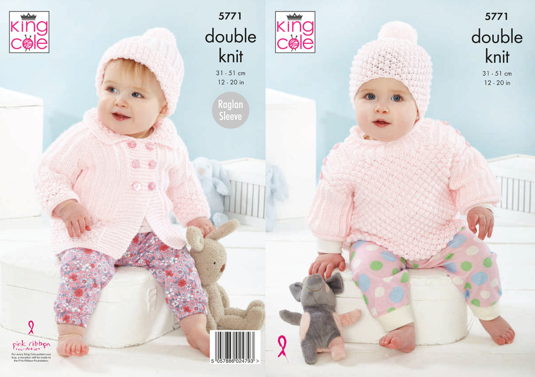 King Cole DK Knitting Pattern - Baby Coat Top & Hats (5771)