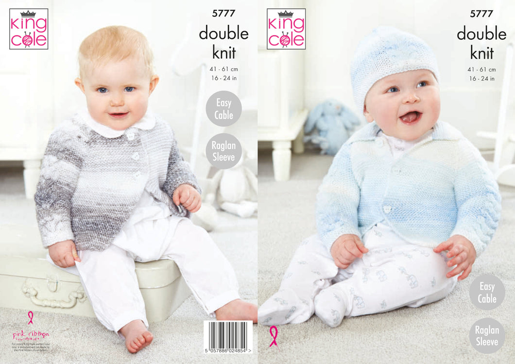 King Cole Double Knit Knitting Pattern - Baby Cardigans & Hat (5777)