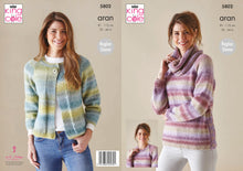 Load image into Gallery viewer, King Cole Aran Knitting Pattern - Ladies Sweater Cardigan &amp; Cowl (5802)