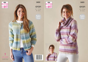 King Cole Aran Knitting Pattern - Ladies Sweater Cardigan & Cowl (5802)