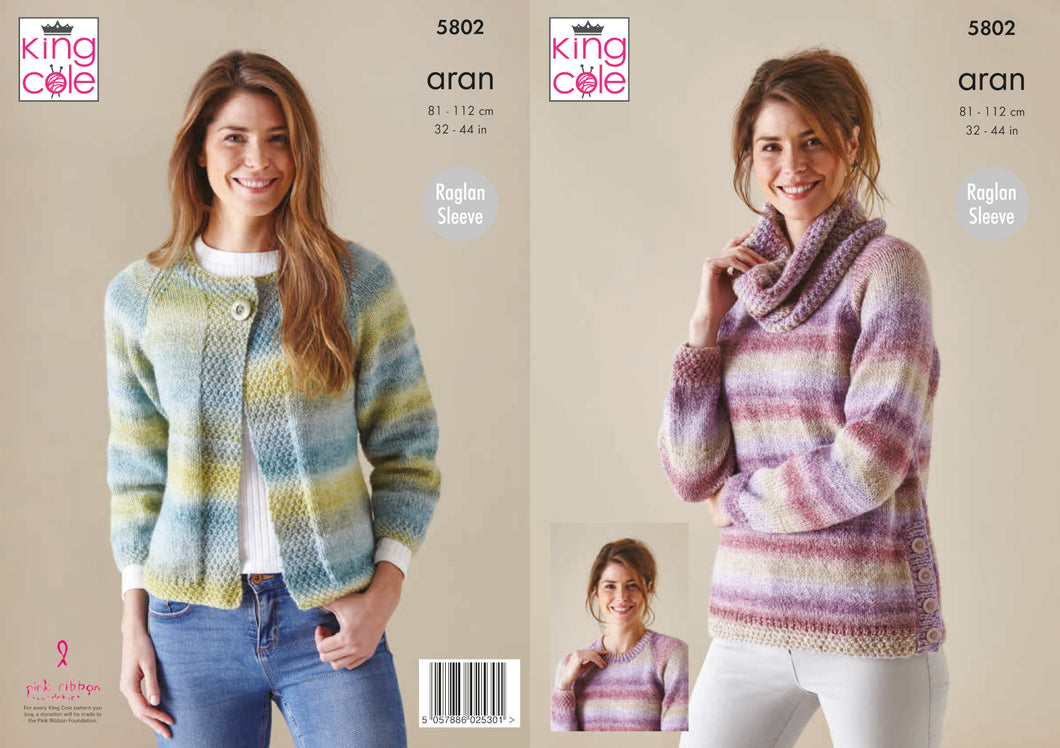 King Cole Aran Knitting Pattern - Ladies Sweater Cardigan & Cowl (5802)
