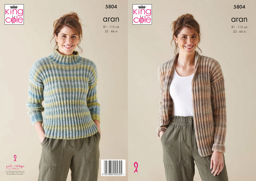 King Cole Aran Knitting Pattern - Ladies Jacket & Sweater (5804)