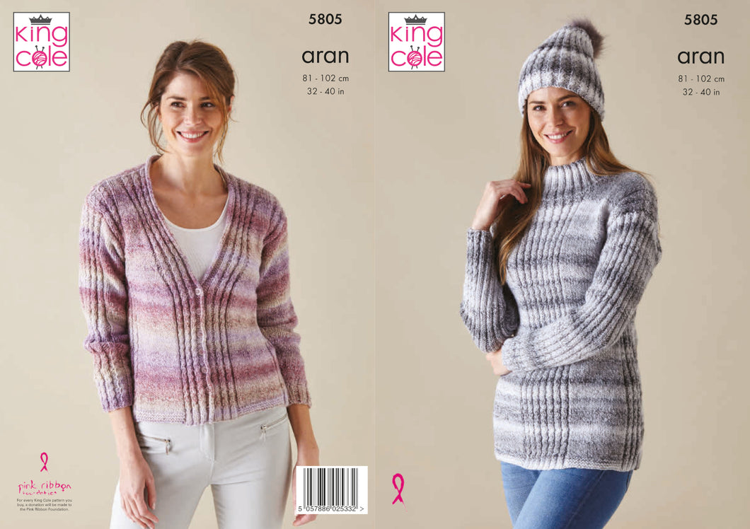 King Cole Aran Knitting Pattern - Ladies Cardigan Sweater & Hat (5805)