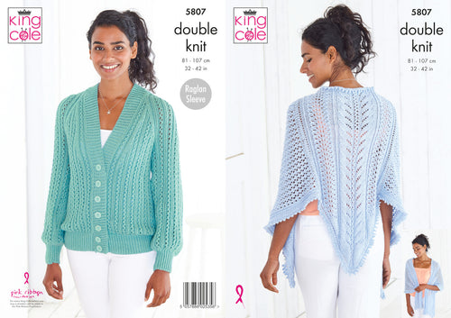 King Cole Double Knit Knitting Pattern - Ladies Cardigan & Shawl (5807)