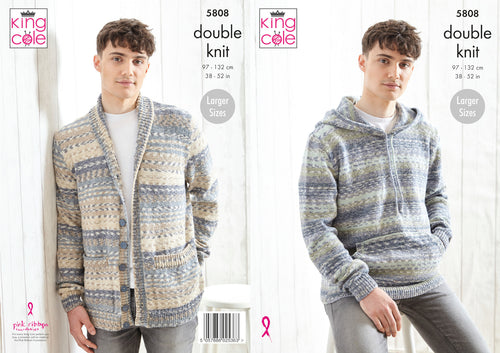 King Cole Double Knit Knitting Pattern - Mens Hoodie & Cardigan (5808)