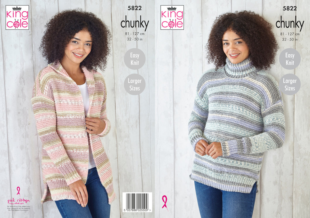 King Cole Chunky Knitting Pattern - Ladies Sweater & Cardigan (5822)