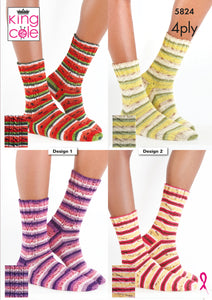 King Cole 4ply Knitting Pattern - Ladies Socks (5824)