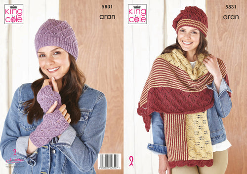 King Cole Aran Knitting Pattern - Ladies Apparel Accessories (5831)