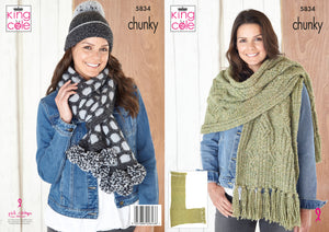 King Cole Chunky Knitting Pattern - Ladies Scarf Hat & Wrap (5834)
