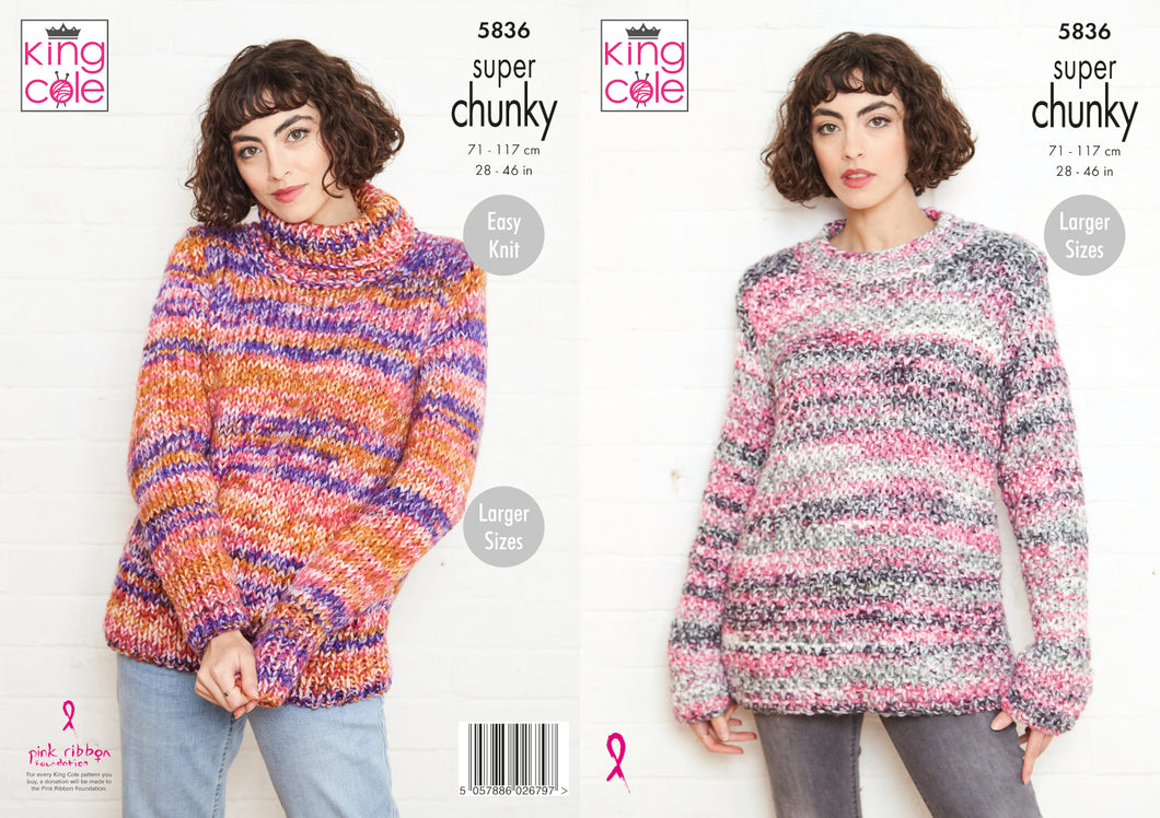 King Cole Super Chunky Knitting Pattern - Ladies Sweaters (5836)