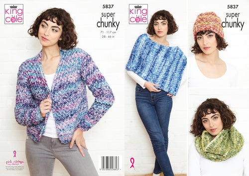 King Cole Super Chunky Knitting Pattern - Ladies Jacket & Accessories (5837)