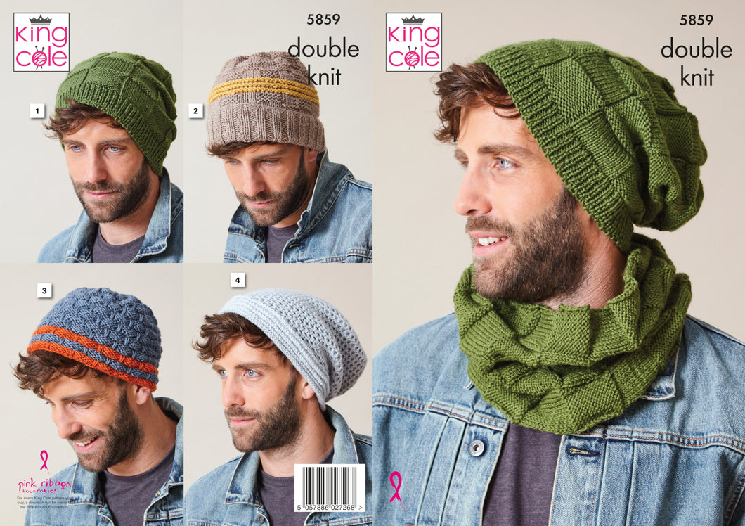 King Cole Double Knit Knitting Pattern - Mens Hats & Snood (5859)