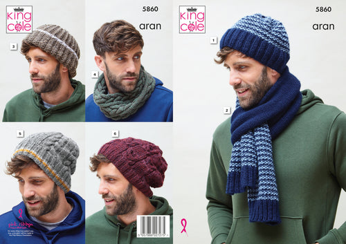King Cole Aran Knitting Pattern - Mens Hats Snood & Scarf (5860)