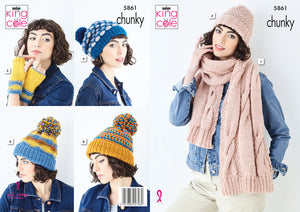 King Cole Chunky Knitting Pattern - Ladies Scarf Hand Warmers & Hats (5861)
