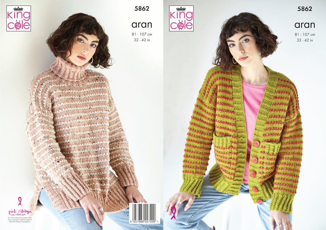 King Cole Aran Knitting Pattern - Ladies Sweater & Cardigan (5862)