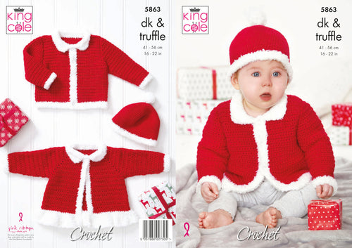 King Cole Double Knit Crochet Pattern - Baby Christmas Jacket & Hat (5863)