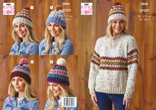 Load image into Gallery viewer, King Cole Aran Knitting Pattern - Ladies Sweater &amp; Bobble Hats (5868)