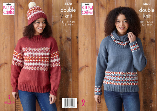 King Cole Double Knit Knitting Pattern - Ladies Sweater Hat & Cowl (5870)