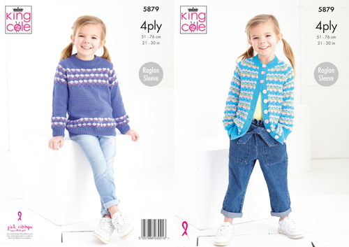 King Cole 4ply Knitting Pattern - Girls Sweater & Cardigan (5879)