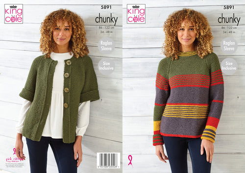King Cole Chunky Knitting Pattern - Ladies Sweater & Cardigan (5891)