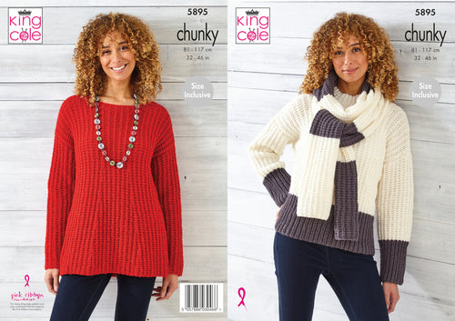 King Cole Chunky Knitting Pattern - Ladies Sweaters & Scarf (5895)
